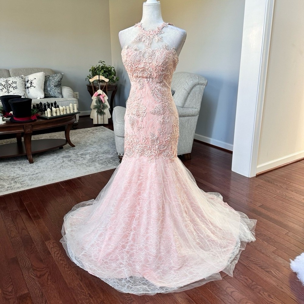 Mac‎ Duggal Mermaid Style Rhinestone Feminine Ethereal Pink Gown Dress Size 4
